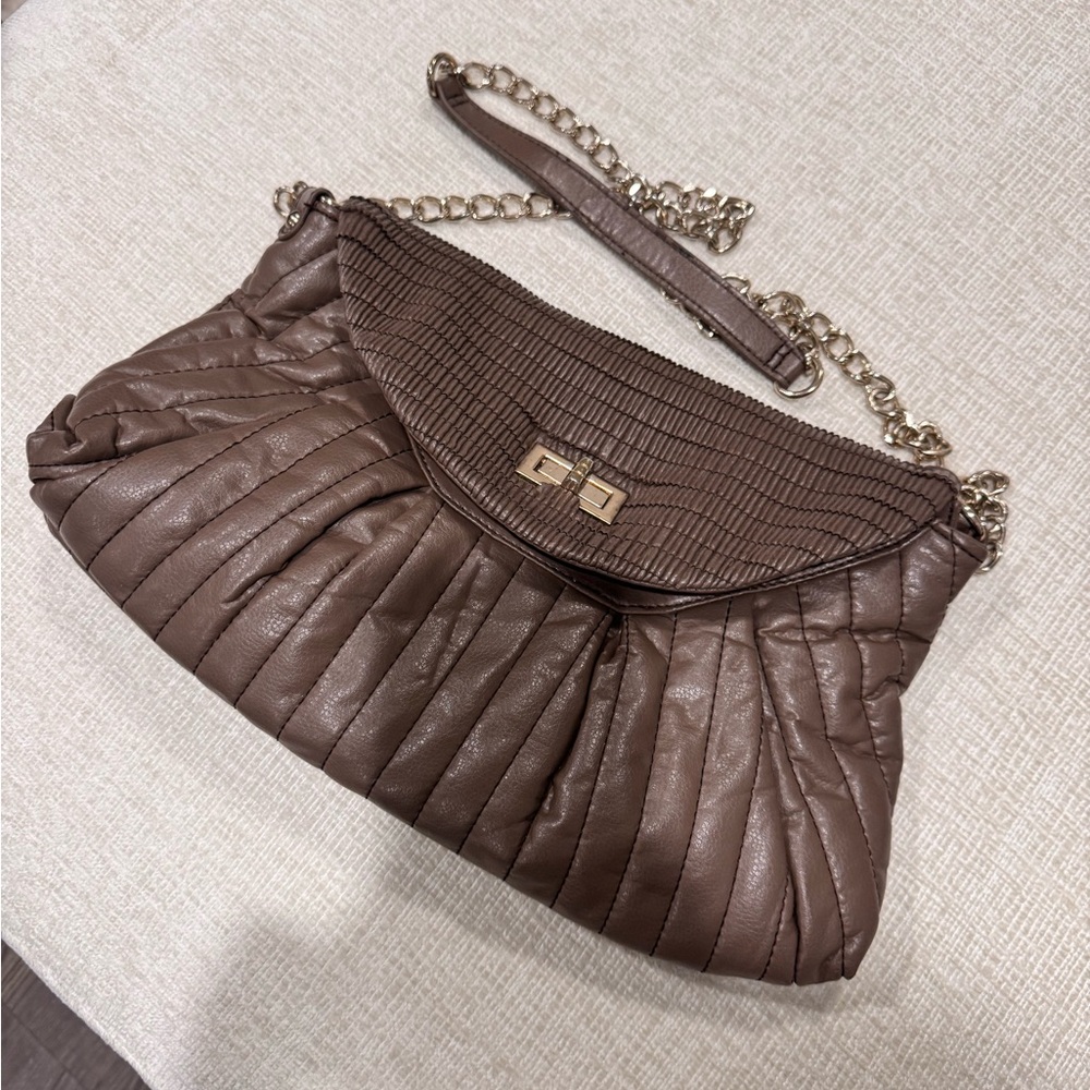 Brown Leather Clutch with Chain Strap and Pleated Design